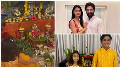 Allu Arjun and wife Sneha Reddy shared pictures from their Ganesh Chaturthi celebrations at home. Allu Arjun and wife Sneha Reddy shared pictures from their Ganesh Chaturthi celebrations at home.