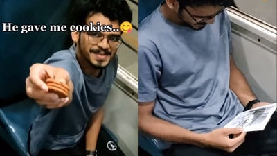 Man shared his cookies with fellow passengers on a train and received a gift in return. (Instagram/@thejus_arts) Man shared his cookies with fellow passengers on a train and received a gift in return. (Instagram/@thejus_arts)