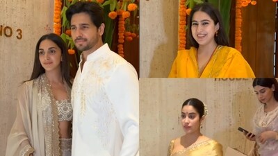 Sidharth Malhotra, Kiara Advani, Sara Ali Khan and Janhvi Kapoor visited Manish Malhotra on Ganesh Chaturthi 2023. (Viral Bhayani) Sidharth Malhotra, Kiara Advani, Sara Ali Khan and Janhvi Kapoor visited Manish Malhotra on Ganesh Chaturthi 2023. (Viral Bhayani)
