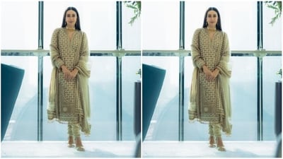 Karisma looked like a dream in a golden embellished salwar with a deep V-neckline, full sleeves, teamed with pastel golden ethnic trousers and a matching organza dupatta. (Instagram/@therealkarismakapoor) Karisma looked like a dream in a golden embellished salwar with a deep V-neckline, full sleeves, teamed with pastel golden ethnic trousers and a matching organza dupatta. (Instagram/@therealkarismakapoor)