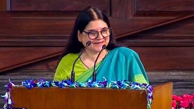 BJP MP Maneka Gandhi speaks during an event organised in the Central Hall of Parliament on the occasion of the shifting of Parliament to the new building, in New Delhi. (PTI)