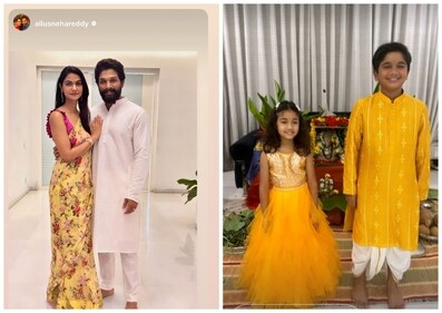Allu Arjun with wife and kids during Ganesh Chaturthi celebrations. Allu Arjun with wife and kids during Ganesh Chaturthi celebrations.