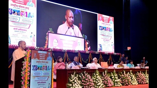 U.P. CM Yogi Adityanath addressing the National Nutrition Month programme at Lok Bhavan in Lucknow on September 19. (HT photo)