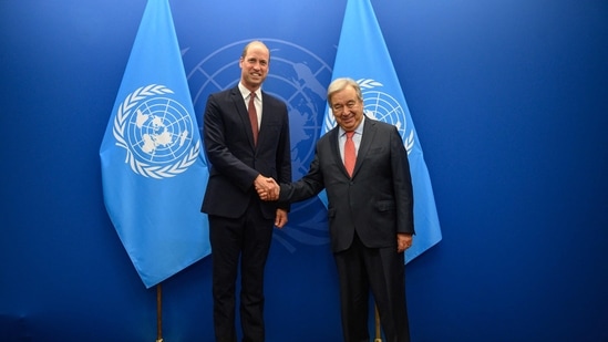 Britain's Prince William, Prince of Wales, shakes hands with United Nations secretary general Antonio Guterres. (AFP)