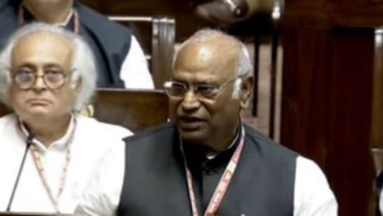Leader of opposition in Rajya Sabha Mallikarjun Kharge speaks in the Rajya Sabha on the second day of Parliament's special session. (Sansad TV)
