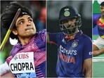 Neeraj Chopra (L), Indian men's team captain Ruturaj Gaikwad (c), and badminton men's doubles duo of Satwiksairaj Rankireddy and Chirag Shetty.