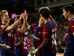 FC Barcelona's Gavi celebrates scoring their fourth goal with teammates