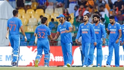 India's captain Rohit Sharma and teammates greet openers Shubman Gill and Ishan Kishan after India's victory in the Asia Cup 2023 final (BCCI Twitter) India's captain Rohit Sharma and teammates greet openers Shubman Gill and Ishan Kishan after India's victory in the Asia Cup 2023 final (BCCI Twitter)