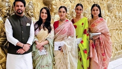 Bhumi Pednekar, Shehnaaz Gill, Dolly Singh and Shibani Bedi visited the new Parliament building with Union Minister of Information and Broadcasting Anurag Thakur, in New Delhi on Wednesday. (ANI Photo) (ANI)