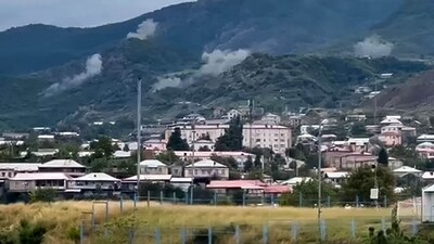 Smoke rising from artillery strikes on a hilltop outside Stepanakert, the capital of the Armenian-populated separatist region within Azerbaijani borders. (AFP)