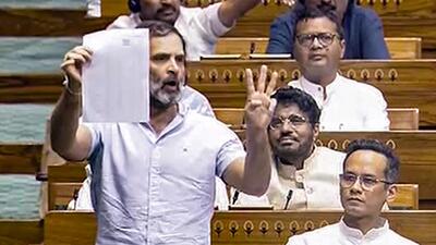Congress MP Rahul Gandhi speaks in the Lok Sabha during the special session of the Parliament on Wednesday (PTI)