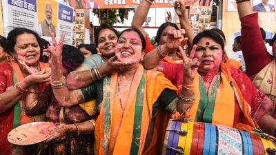 BJP Mahila Morcha activists celebrate after the introduction of the Women's Reservation Bill in Parliament, in Patna. (PTI) BJP Mahila Morcha activists celebrate after the introduction of the Women's Reservation Bill in Parliament, in Patna. (PTI)