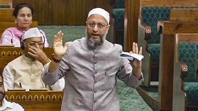 AIMIM MP Asaduddin Owaisi speaks in the Lok Sabha during the special session of Parliament. AIMIM MP Asaduddin Owaisi speaks in the Lok Sabha during the special session of Parliament.