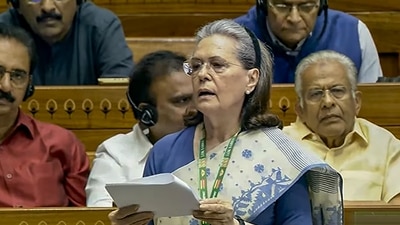 Congress MP Sonia Gandhi speaks in the Lok Sabha during a special session of the Parliament, in New Delhi, Wednesday, (PTI) Congress MP Sonia Gandhi speaks in the Lok Sabha during a special session of the Parliament, in New Delhi, Wednesday, (PTI)
