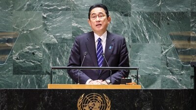 Japan's prime minister Fumio Kishida addresses the 78th Session of the UN General Assembly in New York City. (Reuters)