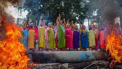 Women protesters during the 48-hour bandh in Imphal on Tuesday. (AFP) Women protesters during the 48-hour bandh in Imphal on Tuesday. (AFP)