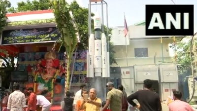Chandrayaan-3 prototype next to the pandal of Lord Ganesha. (X/@ANI)
