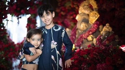 Sharing a picture of her kids Ahil and Ayat from the Ganesh Chaturthi celebrations at home, Arpita Khan wrote on Instagram, “I am grateful and thankful everyday, for the best blessings you have ever given me… our babies.” 