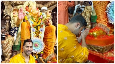 Varun Dhawan visited the Lalbaugcha Raja in Mumbai Wednesday noon. Sharing a few pictures of him praying at the pandal, Varun wrote on Instagram, "Had the best darshan today at Lalbaugcha Raja. Ganpati Bappa Morya."&nbsp; 