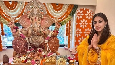 Sara Ali Khan wished her fans on Ganesh Chaturthi with a picture of her in a yellow kurta salwar, posing besides a Ganpati idol. She has a long line up of films this year and the next.&nbsp; 