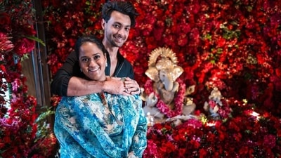 Aayush Sharma and Arpita Khan hosted Ganesh Chaturthi function at home on Tuesday. Several of their film friends joined them at their Mumbai home, including Arpita's brother Salman Khan.&nbsp; 