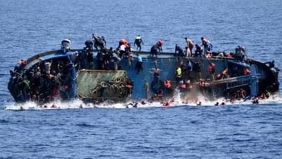 Migrants on a sinking yacht. Migrants on a sinking yacht.