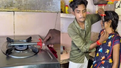 Man curls woman’s hair with a jugaad. (X/@Madan_Chikna) Man curls woman’s hair with a jugaad. (X/@Madan_Chikna)