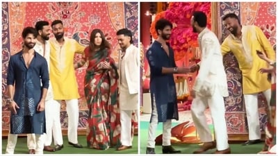 Shahid Kapoor posing at Mukesh Ambani bash (left) and greeting the Pandyas at the party (right). Shahid Kapoor posing at Mukesh Ambani bash (left) and greeting the Pandyas at the party (right).