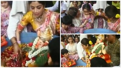 Shilpa Shetty performed Ganesh Visarjan with her family. Shilpa Shetty performed Ganesh Visarjan with her family.