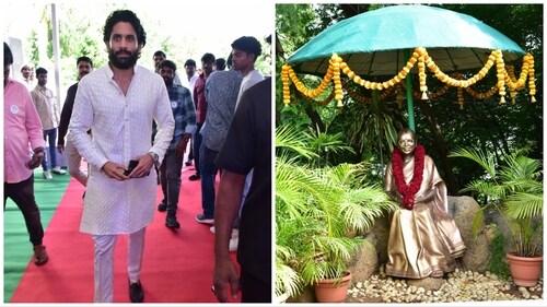Naga Chaitanya at the event (left), glimpse of Annapurna's statue at Annapurna Studios (right). Naga Chaitanya at the event (left), glimpse of Annapurna's statue at Annapurna Studios (right).