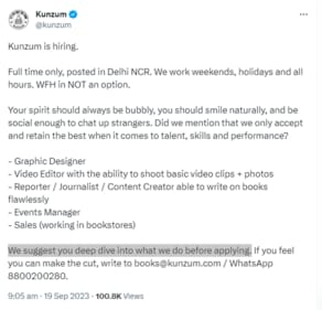 The screenshot of the now-deleted tweet by a bookstore. (X/@kunzum)