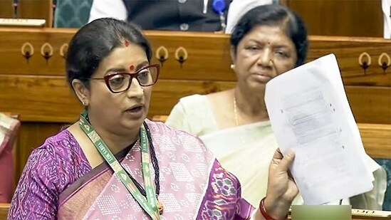 Union Minister for Minority Affairs Smriti Irani speaks in the Lok Sabha during the Special Session of Parliament. (ANI)