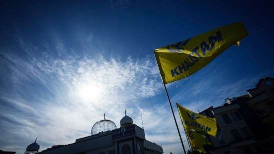 Khalistan flags are seen outside the Guru Nanak Sikh Gurdwara Sahib in Surrey, British Columbia. (AP)