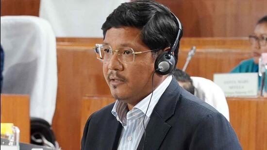 Meghalaya chief minister Conrad K Sangma speaks in the Meghalaya Legislative Assembly in Shillong on Tuesday (PTI)