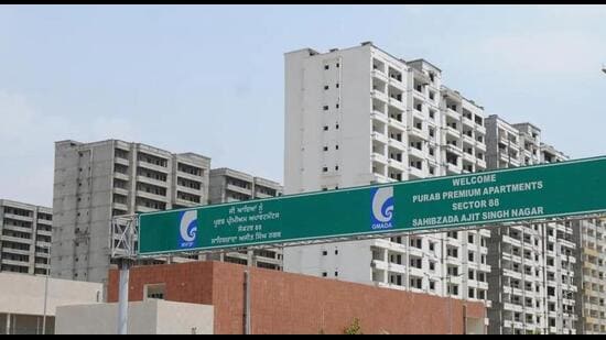 Of the 550 flats in GMADA’s Purab apartments, 220 are three-bedroom, which will cost around ₹1 crore, 200 are two-bedroom, priced at ₹80 lakh each, and 130 are one-bedroom flats, costing ₹54 lakh each. (HT File)