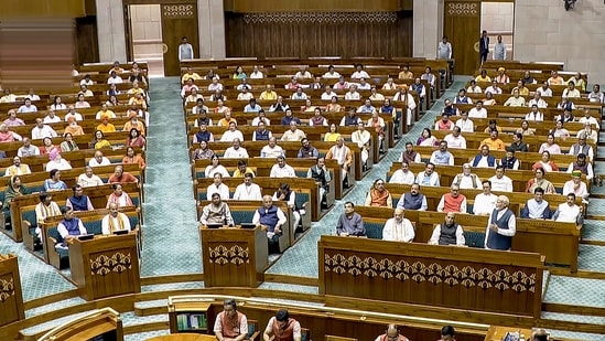 Lok Sabha proceeding during a special session of the Parliament (PTI)