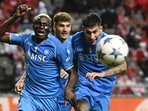 Napoli's Nigerian forward #09 Victor Osimhen (L), defender #22 Giovanni Di Lorenzo (C) and defender #17 Mathias Olivera (R) celebrate scoring their team's second goal during the UEFA Champions League Napoli's Nigerian forward #09 Victor Osimhen (L), defender #22 Giovanni Di Lorenzo (C) and defender #17 Mathias Olivera (R) celebrate scoring their team's second goal during the UEFA Champions League
