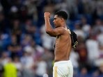 Real Madrid's Jude Bellingham celebrates at the end of the Champions League in group C match against FC Union Berlin Real Madrid's Jude Bellingham celebrates at the end of the Champions League in group C match against FC Union Berlin