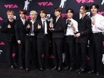 Stray Kids poses with the Best K-Pop award for S-Class at the 2023 MTV Video Music Awards.
