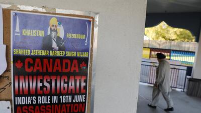 A poster asking for an investigation into India's role in the killing of Hardeep Singh Nijjar at a gurdwara in Surrey, Canada. (REUTERS) A poster asking for an investigation into India's role in the killing of Hardeep Singh Nijjar at a gurdwara in Surrey, Canada. (REUTERS)