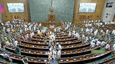 MPs leave Lok Sabha after the passing of the motion concerning the Women's Reservation Bill (ANI)