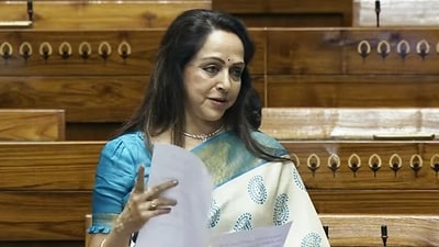 BJP MP Hema Malini speaks in the Lok Sabha during the Special Session of Parliament, in New Delhi on Thursday. (ANI Photo) BJP MP Hema Malini speaks in the Lok Sabha during the Special Session of Parliament, in New Delhi on Thursday. (ANI Photo)
