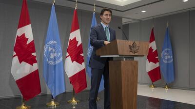 Canada Prime Minister Justin Trudeau speaks during a news conference at the Canadian Permanent Mission, in New York, Thursday, Sept. 21, 2023. (Adrian Wyld/The Canadian Press via AP) (AP)