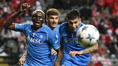 Napoli's Nigerian forward #09 Victor Osimhen (L), defender #22 Giovanni Di Lorenzo (C) and defender #17 Mathias Olivera (R) celebrate scoring their team's second goal during the UEFA Champions League (AFP) Napoli's Nigerian forward #09 Victor Osimhen (L), defender #22 Giovanni Di Lorenzo (C) and defender #17 Mathias Olivera (R) celebrate scoring their team's second goal during the UEFA Champions League (AFP)