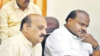 HD Kumaraswamy along with former Karnataka CM Basavaraj Bommai in Bengaluru. (ANI) HD Kumaraswamy along with former Karnataka CM Basavaraj Bommai in Bengaluru. (ANI)