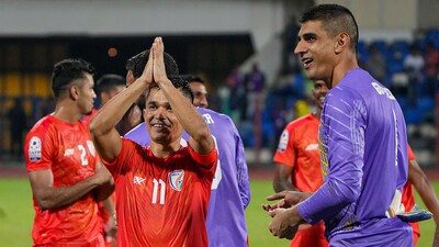 Indian team captain Sunil Chhetri with teammates acknowledges the crowd after winning a football match (PTI) Indian team captain Sunil Chhetri with teammates acknowledges the crowd after winning a football match (PTI)