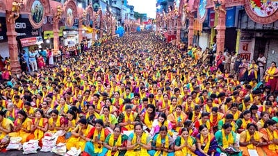 Women devotees chant ‘Atharvashirsha’ at Shreemant Dagdusheth Halwai Public Ganpati Trust in front of Utsav Mandap on the occasion of Ganesh Chaturthi festival in Pune. (PTI) Women devotees chant ‘Atharvashirsha’ at Shreemant Dagdusheth Halwai Public Ganpati Trust in front of Utsav Mandap on the occasion of Ganesh Chaturthi festival in Pune. (PTI)