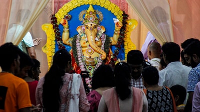 Devotees worship Lord Ganesh idol during Ganesh Chaturthi festival at Moti Doongri Ganesh Temple in Jaipur. (PTI) Devotees worship Lord Ganesh idol during Ganesh Chaturthi festival at Moti Doongri Ganesh Temple in Jaipur. (PTI)