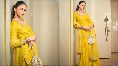 Rakul glammed up the ethnic attire with a messy ponytail, smoky eye shadow, rouged cheekbones, glossy mauve lip shade, beaming highlighter, feathered brows, contoured face, and mascara on the lashes. (Instagram) Rakul glammed up the ethnic attire with a messy ponytail, smoky eye shadow, rouged cheekbones, glossy mauve lip shade, beaming highlighter, feathered brows, contoured face, and mascara on the lashes. (Instagram)