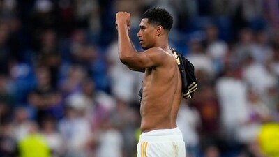 Real Madrid's Jude Bellingham celebrates at the end of the Champions League in group C match against FC Union Berlin (AP)